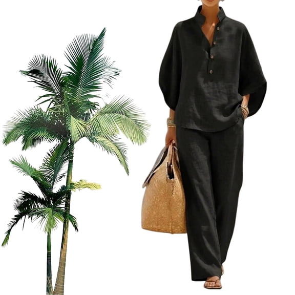 Women’s Batwing Sleeve Linen Cotton Two-Piece Set | Casual Shirt & Wide Leg Pants Outfit, Breathable Summer Linen Pant Suit for Women