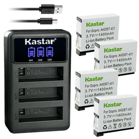 Kastar 4 Pack Battery and LCD Triple USB Charger Compatible with Gopro4 Hero4 AHDBT-401 AHBBP-401 Battery HERO4 Black Hero 4 HD Black HERO4 Silver Hero 4 HD Silver Action Sport Camera