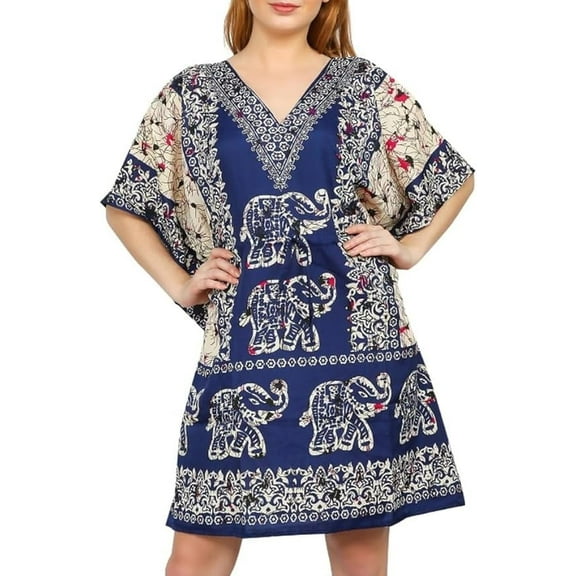 Short Kaftan Beach Cover ups Dresses for Women Ladies Dashiki Caftan Loungewear Free Size Blue