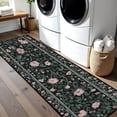 thumbnail image 3 of Dark Green Pink Peony Bordered Hallway Runner Rug, 60x18 Inches Vintage Botanical Long Floor Mat, Non-Slip Washable Cottagecore Art Rug for Entryway Kitchen, 3 of 9