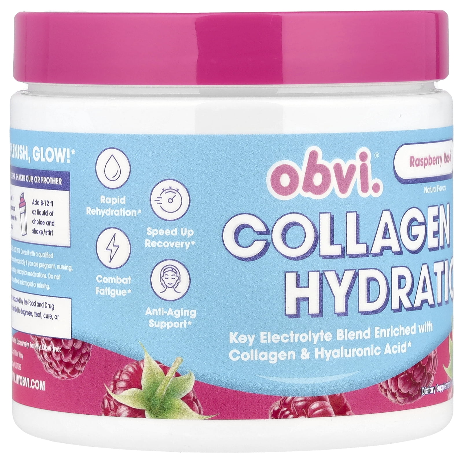 Obvi Hydration Powder | Electrolytes with 5 Collagen Types & Hyaluronic Acid | Sugar-Free Raspberry Rose Hydration, 30 Servings