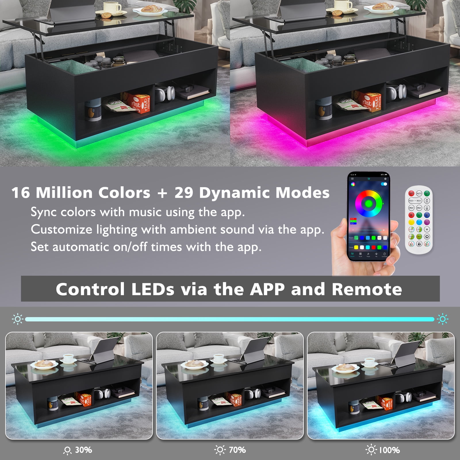 Hommpa Lift Top Coffee Table with Hidden Compartment High Gloss Black Coffee Tables LED Center Rising Cocktail Table for Living Room Accent Furniture