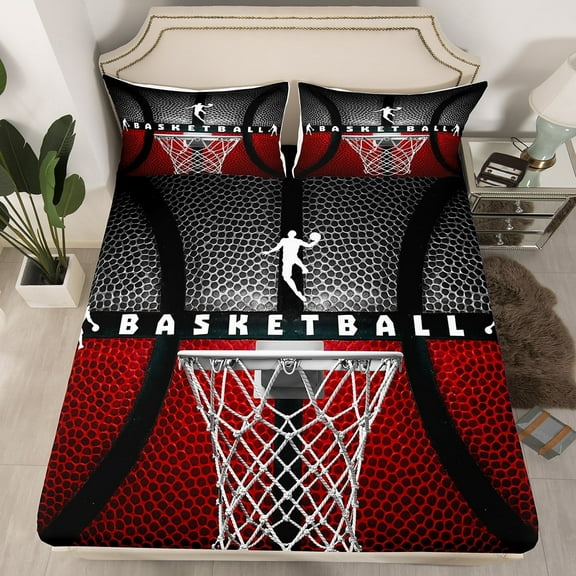 Erosebridal Basketball Sheets Full Size,Ball Games Sports Bedding Sets,Basketball Hoop Indoor Fitted Sheet,Red Black Grey Basketball Bed Set Room Decor 3Pcs
