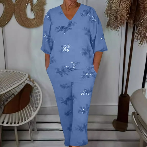 qolati Plus Size Lounge Sets for Women Two Piece Outfits Travel Vacation Clothes 3/4 Sleeve V Neck Top Wide Leg Cropped Pants Matching Sets Tracksuit