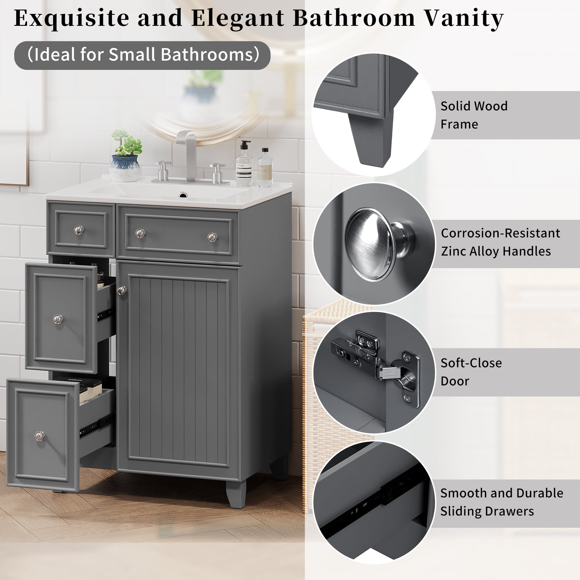 Harper & Bright Designs 24" Small Bathroom Vanity Sink Combo with 2 Drawers and Soft-Close Door, Gray
