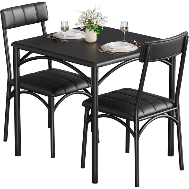 Small 3-piece dining mesa set para 2: kitchen mesa con cushioned forrado sillas, ideal para para kitchens, apartments, y small dining spaces (negra)