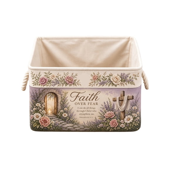 Faith-Themed Fabric Storage Basket, Decorative Organizer Bin with Rope Handles
