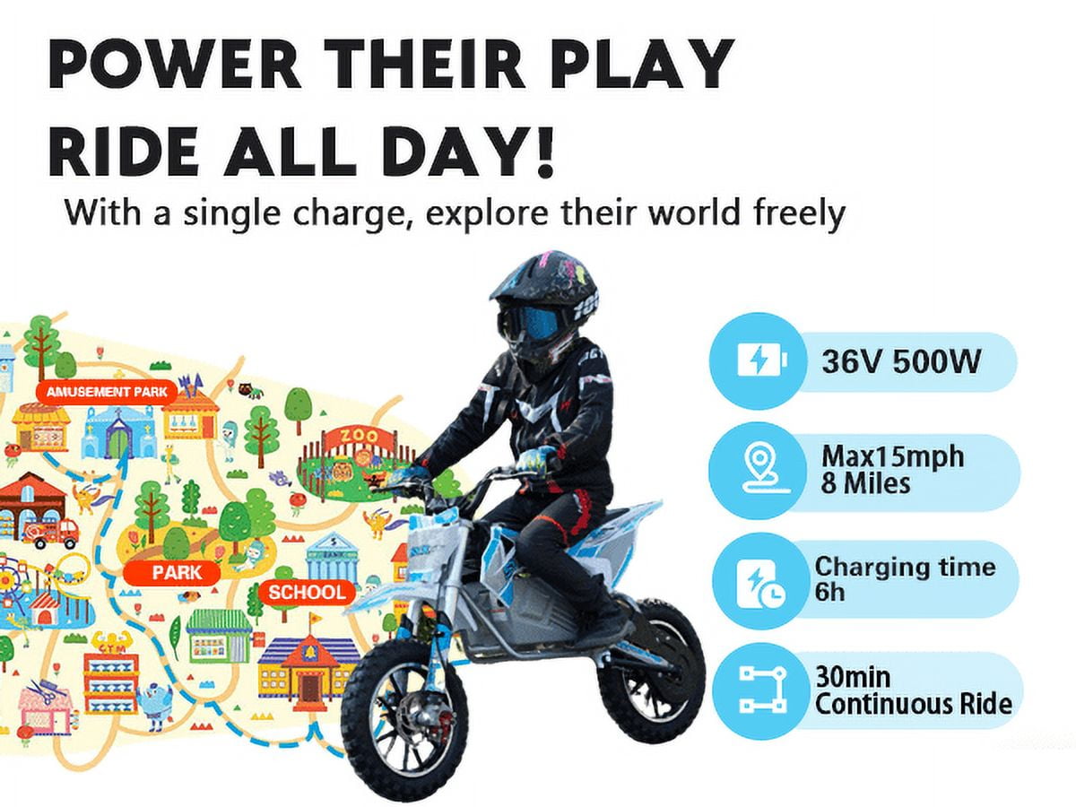 SYX MOTO KBE 500W 36V Electric Beginner Kids Mini Dirt Bike, Blue/Grey