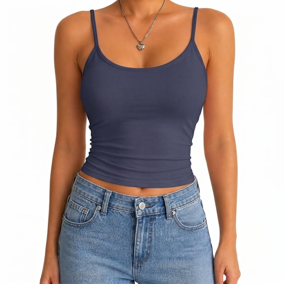 Women's Low Back Cami Tank Top Spaghetti Strap Scoop Neck Soft Stretchy Fitted Crop Layering Camisole for Daily Casual Wear