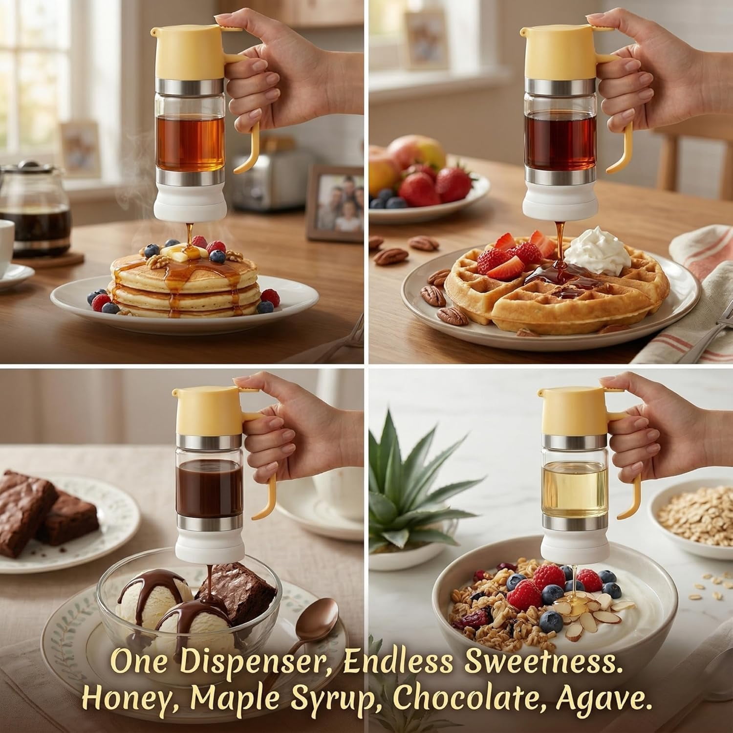 Dispensador De Leche Condensada, Glass Honey Dispenser with Stand No Drip for Maple Syrup Coffee Tea Daily Use