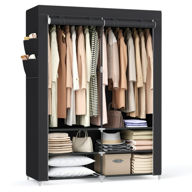 SONGMICS Garde-Robe Portative avec Étagère à Chaussures et Housse, Organisateur de Rangement pour Garde-Robe, Noir, Adulte