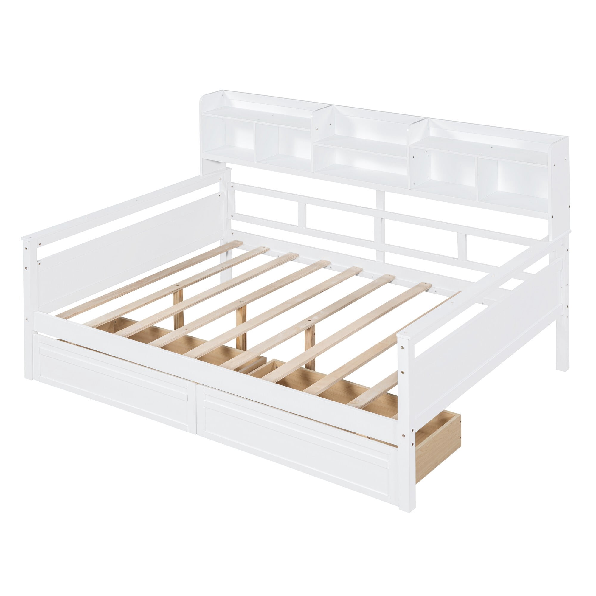 AENKYO Full Size Wooden Daybed Bed Frame with 2 Storage Drawers and Headboard Shelf, Solid Wood Sofa Bed, White