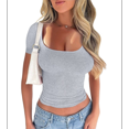 thumbnail image 1 of Camisetas de Corta para Mujer, Informales, Básicas, de Verano, con Cuello Redondo, Corte Entallado, de Punto Acanalado, para Trabajo y Negocios. Gris S, 1 of 7