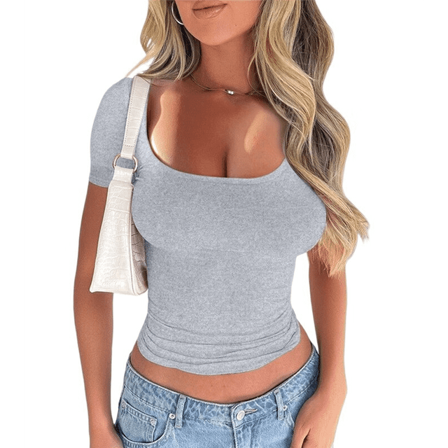 Camisetas de Corta para Mujer, Informales, Básicas, de Verano, con Cuello Redondo, Corte Entallado, de Punto Acanalado, para Trabajo y Negocios. Gris S