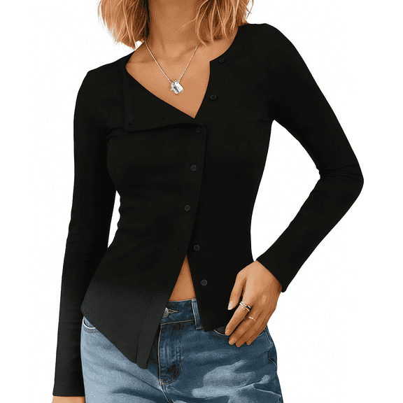Women Fitted Button Down Tops Long Sleeve Asymmetrical Cropped Going Out Shirts Modal Fall Trendy Blouses