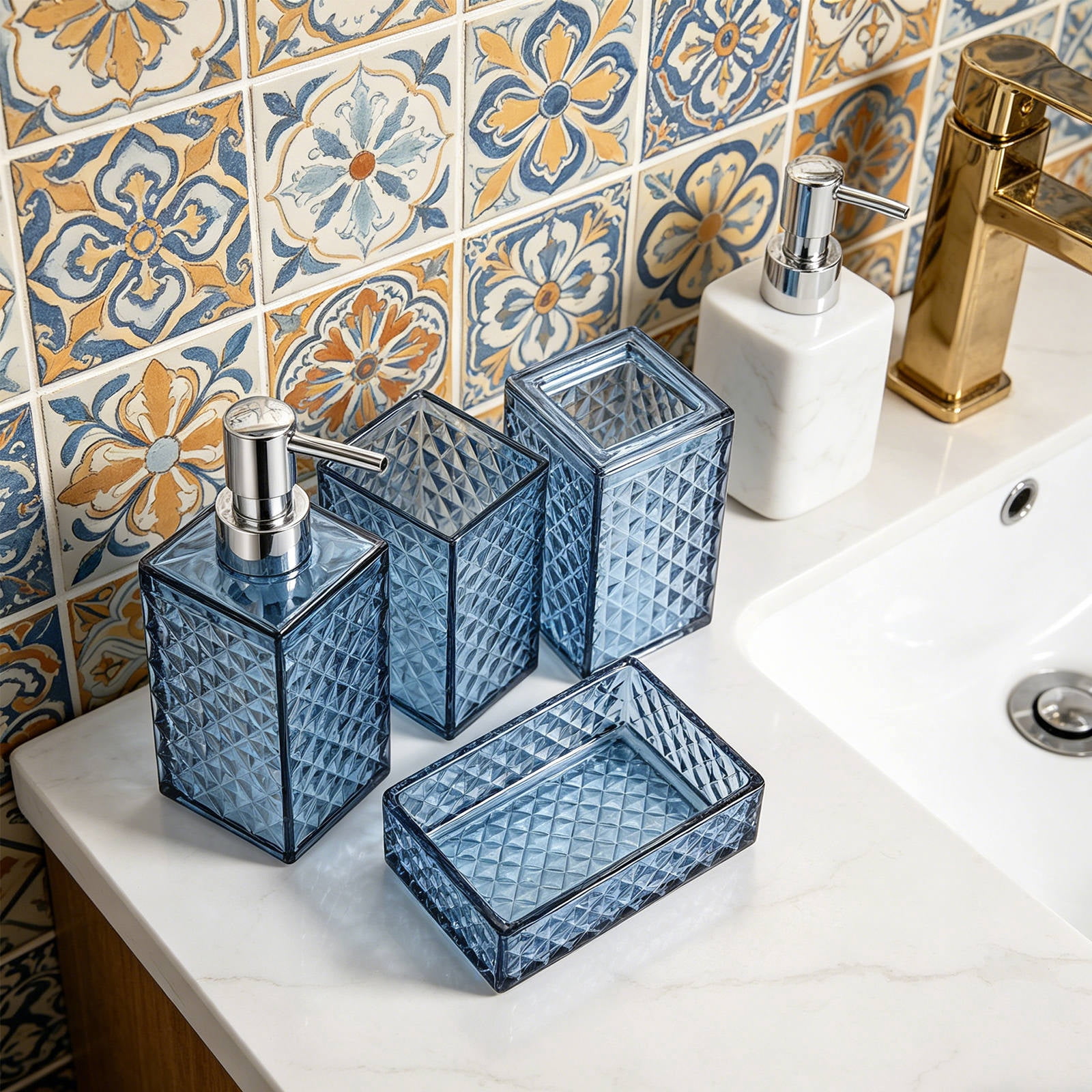 Teal 2 Piece Embossed Glass Bath Accessory Set, The Pioneer Woman
