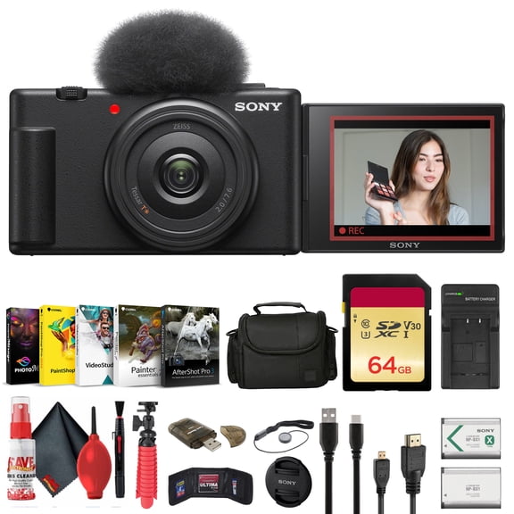 Sony ZV-1F Vlogging Camera (Black) (ZV1F/B) Bundle with 64GB Card, Case and Tripod (International Model)