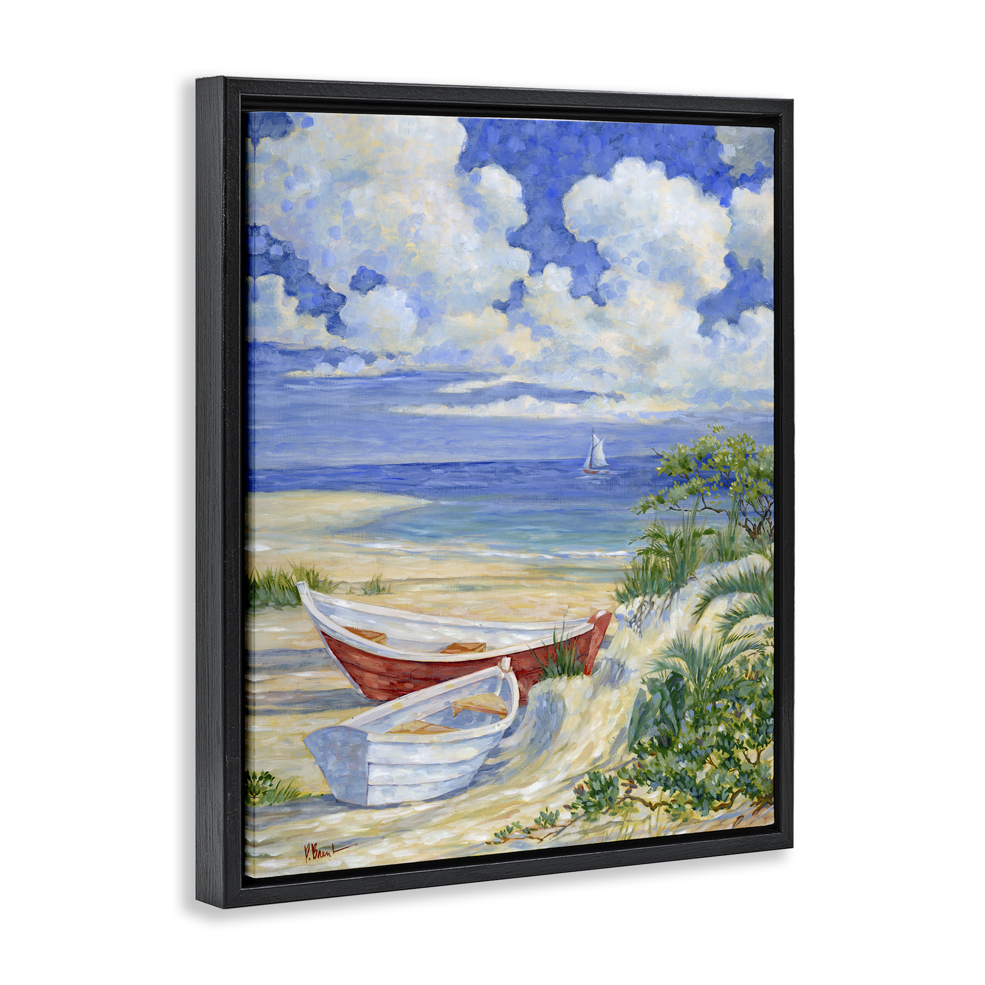 Stupell Industries Two Boats on Sand Transportation Painting Black Floater Framed Canvas Art Print Wall Art, 17 x 21