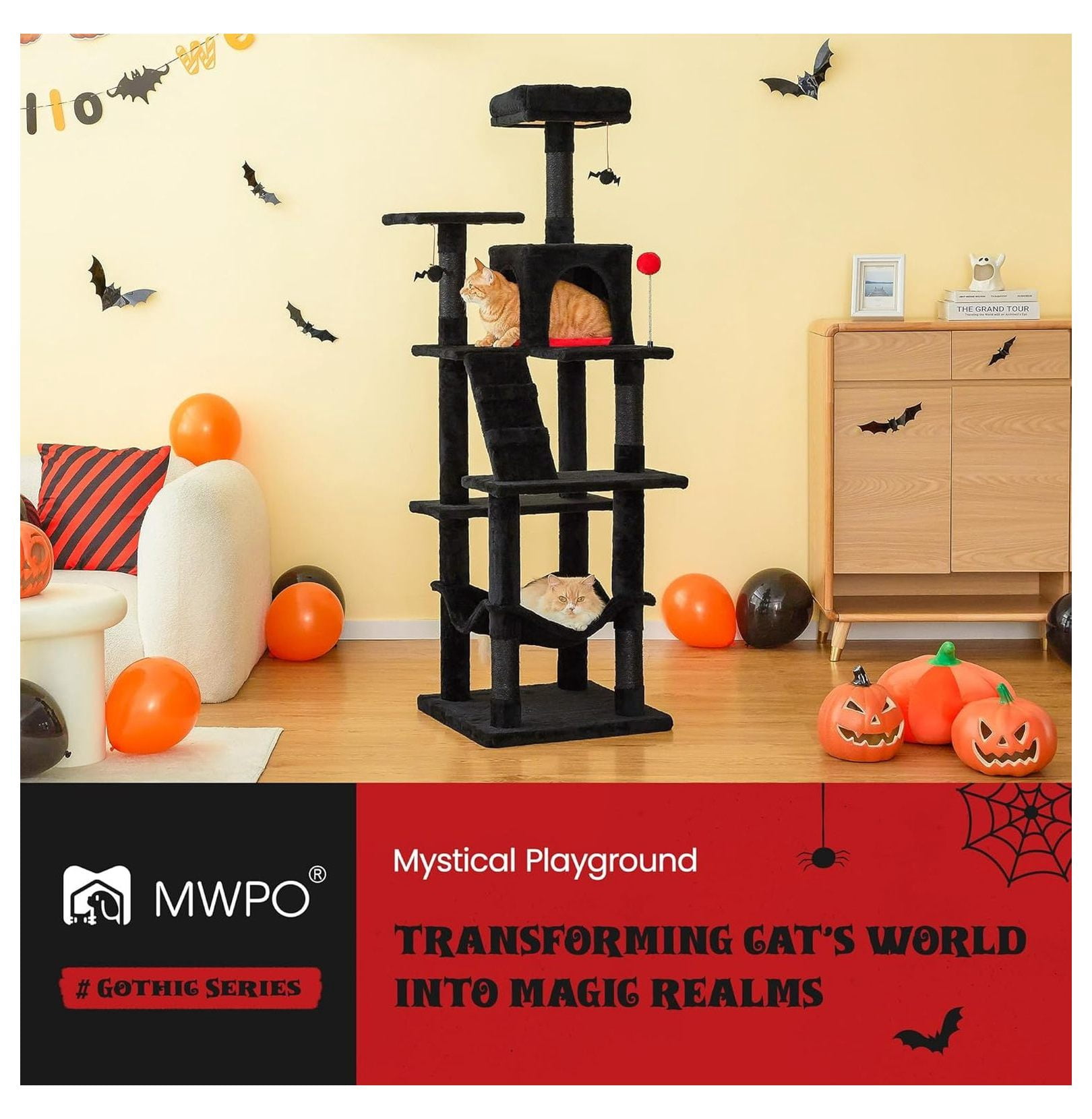 Gothic Cat Tree for Indoor Cats, 63.8" Multi-Level Tower - Black Cat Condo with Sisal Scratching Posts, Hammock & Bat Toys