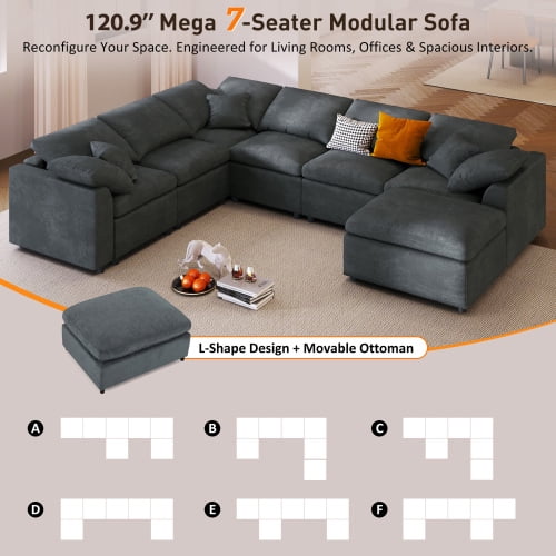 120.8" U_Style Extra Large 7-Seater L-Shape Modular Sectional Sofa with Movable Ottoman, Plush Chenille Fabric, Solid Pine Wood Frame for Living Room and Office, Gray
