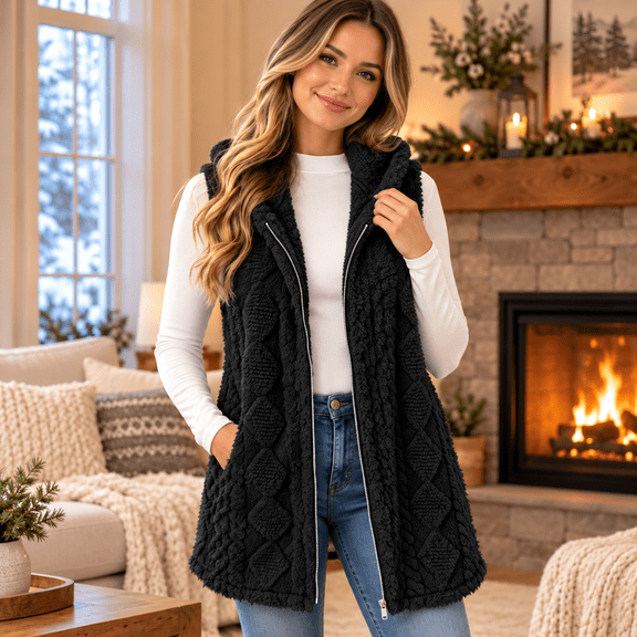 Aswuknt Womens Fleece Hooded Vest Plush Zip Up Sleeveless Jacket Long Vests For Casual Daily Wear Layering Fall Winter Outerwear