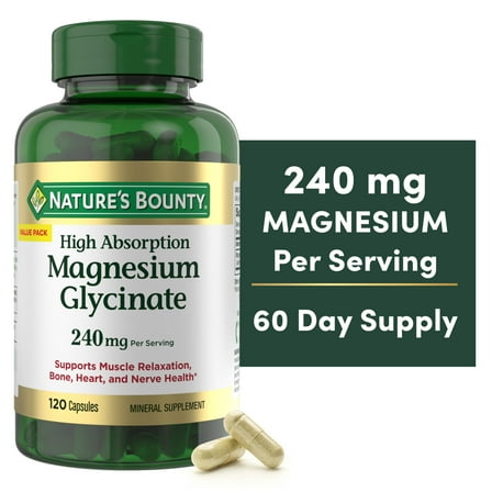 Nature's Bounty High Absorption Magnesium Glycinate Supplements, 240mg, Supports Muscle Relaxation, Bone Heart and Nerve Health, 120 Capsules