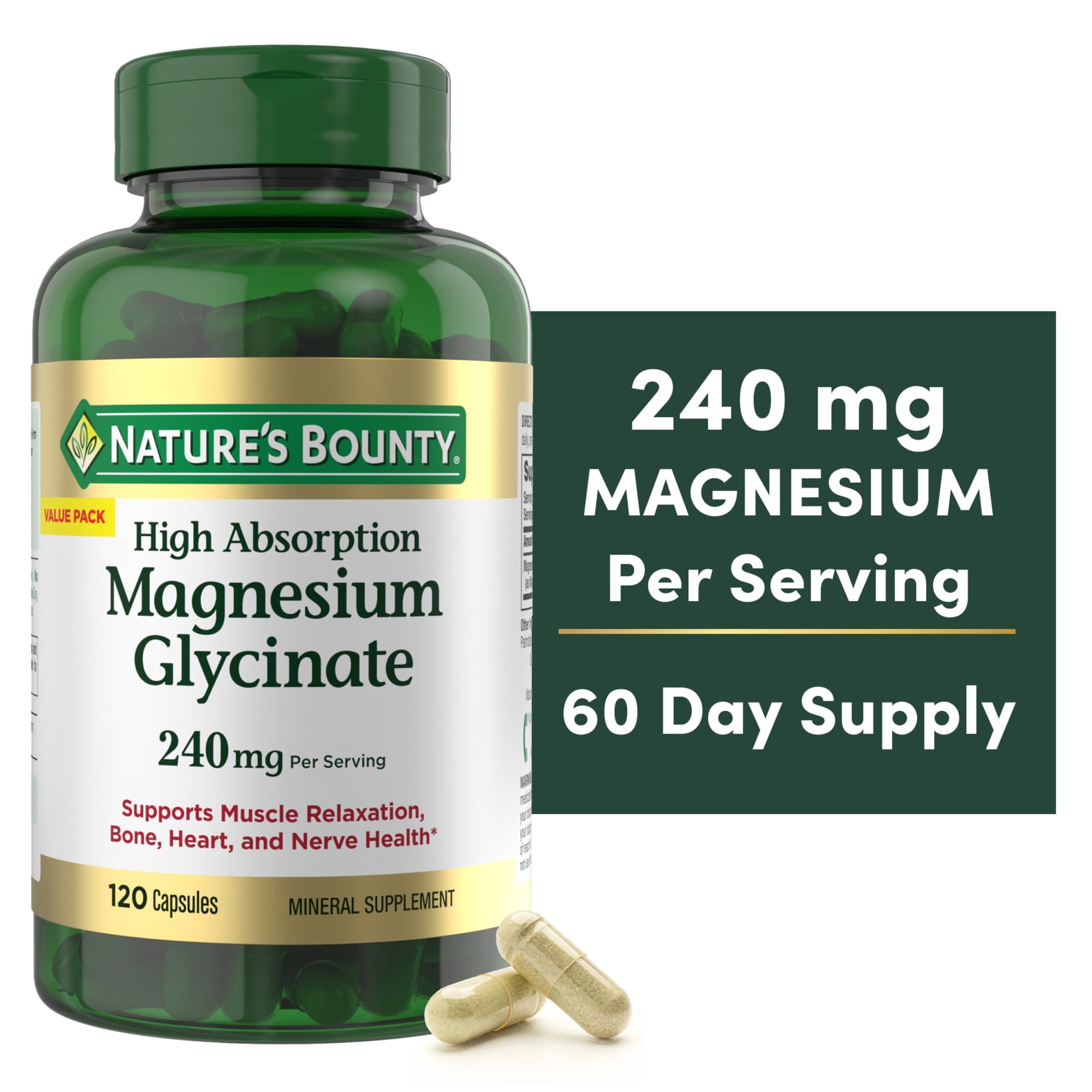 Nature's Bounty High Absorption Magnesium Glycinate Supplement, 240mg, Muscle Relaxation, Bone Heart Nerve Health, 120 Capsules