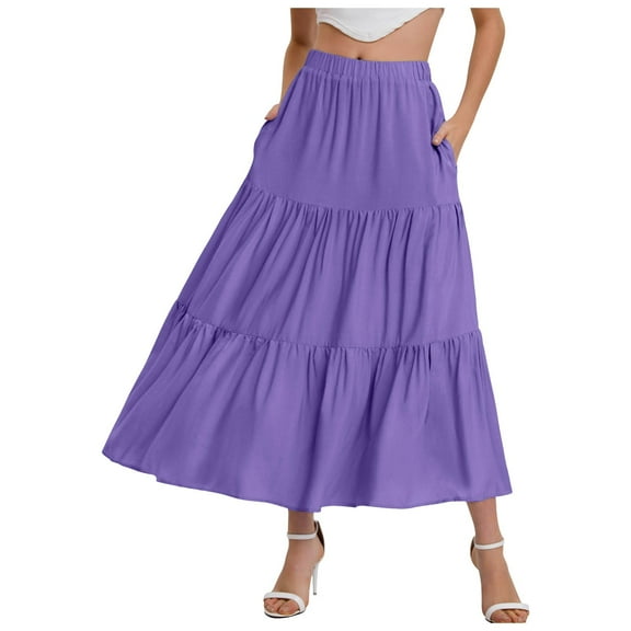 vigerkar Women's Cotton Skirts Tiered A Line Long Skirts Maxi Elastic High Waist Summer Trendy Flowy Boho Drawstring Skirt Dark Purple, L