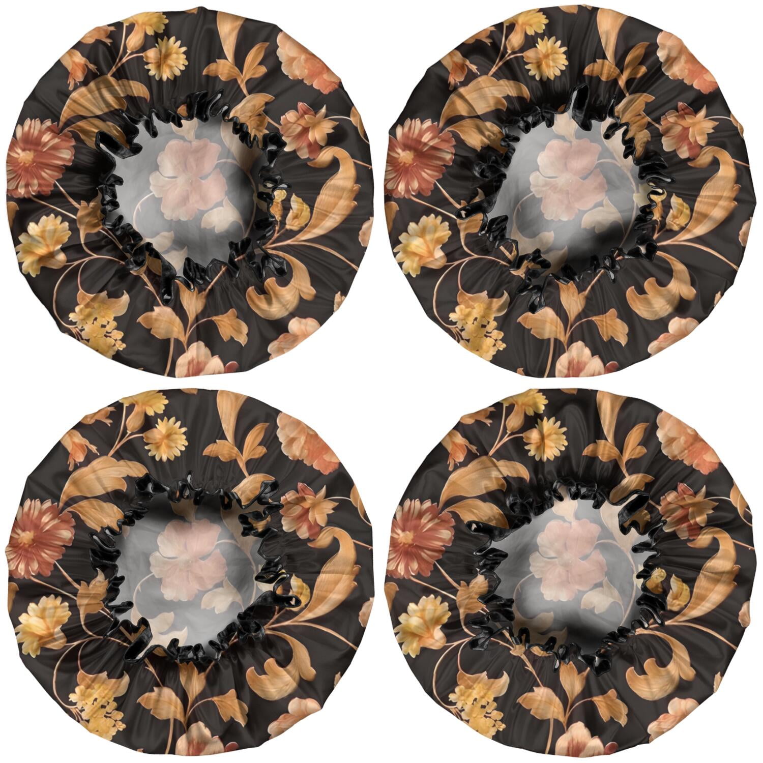 Shower Caps,Pioneer Flower Floral Print Pattern Waterproof Shower Cap for Women 4 Pieces,Double Reusable Hair Cover for Shower PEVA Elastic Stretch Hem