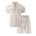 thumbnail image 4 of PNTUTB Men's Fashion Two-Piece Set: Solid-Color Short-Sleeve Half-Button Collar Two Pockets Shirt and Elastic Waistband Drawstring Shorts, 4 of 6