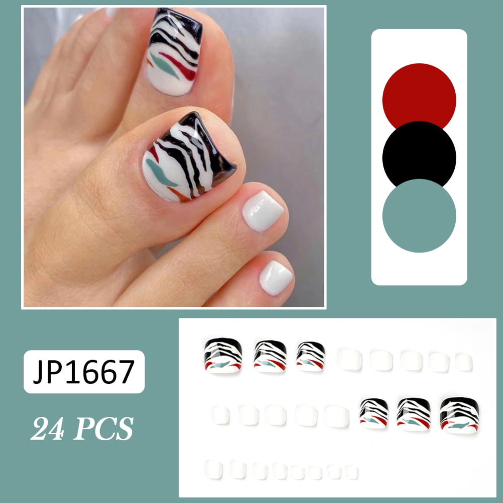 Jp1667 Black And White Foot Nails, Red And Green Lines, Wearing Nails,  Manicures24Pcs Fake Toenails Green Red Lines Design Short Full Cover False  Toenails - Walmart.com
