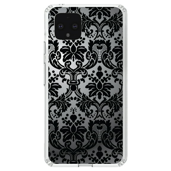 DistinctInk Clear Shockproof Hybrid Case for Google Pixel 4 XL (6.3" Screen) - TPU Bumper, Acrylic Back, Tempered Glass Screen Protector - Silver Grey Black Damask - Floral Damask Pattern