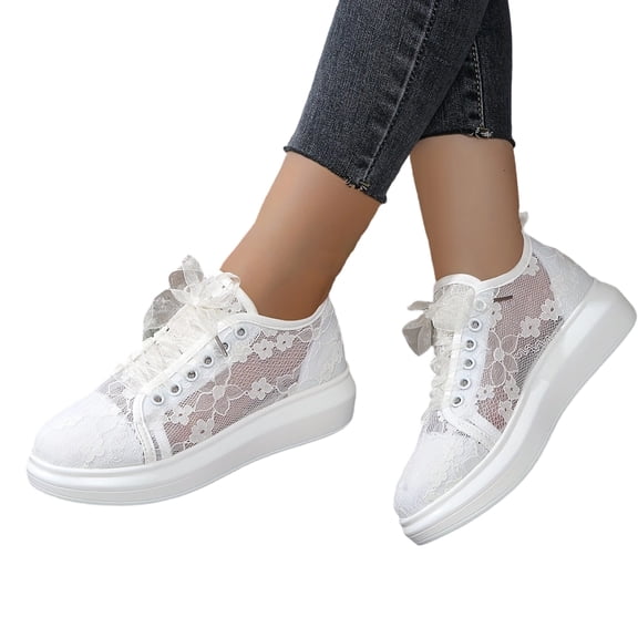 Womens Lace Sneakers Fashion Mesh Low Cut Canvas Shoes Lace Crochet Lace Up Walking Running Tennis Shoes Lightweight Breathable Flat Wedding Shoes Bridal Sneakers, 42