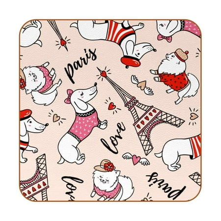 

OWNTA Cute Cartoon Dachshund Eiffel Tower Pattern Premium 6-Piece Square Coaster Set in Microfiber Leather - Non-Slip & Absorbent Cup Mats