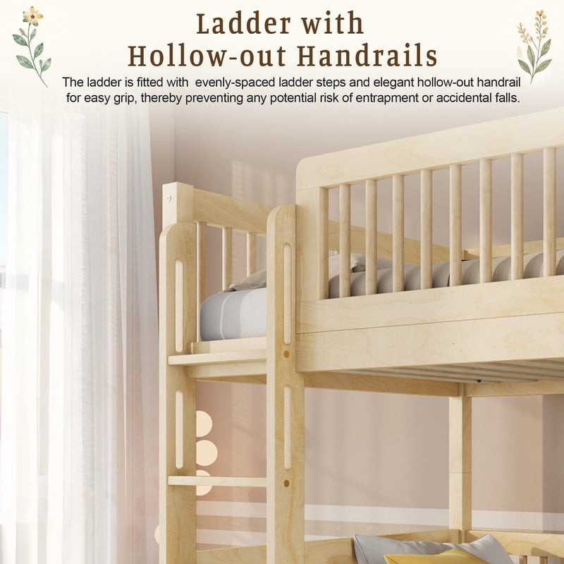 Twin-Over-Twin Size Convertible Kids Bunk Bed into 2 Platform Beds, Teens Wood Bed Frame with Ladder and Safety Guardrails