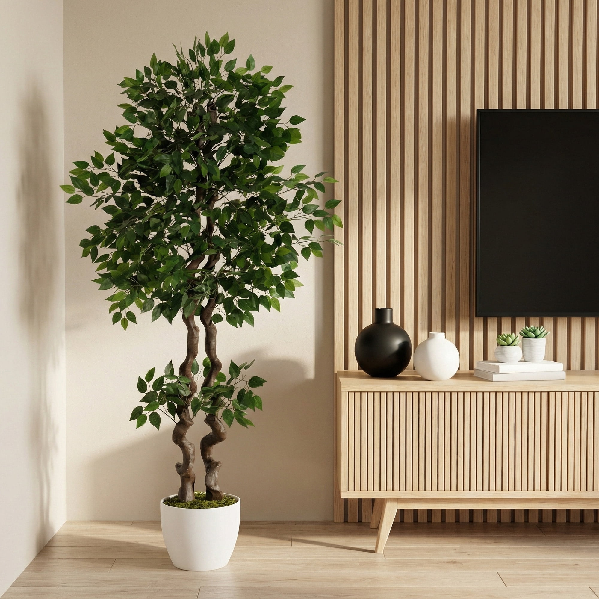 6ft Large Artificial Ficus Tree, Tall Faux Banyan Tree Floor Plant with Realistic PVC Trunk and Full Dense Foliage, Indoor Home Office Living Room Decor