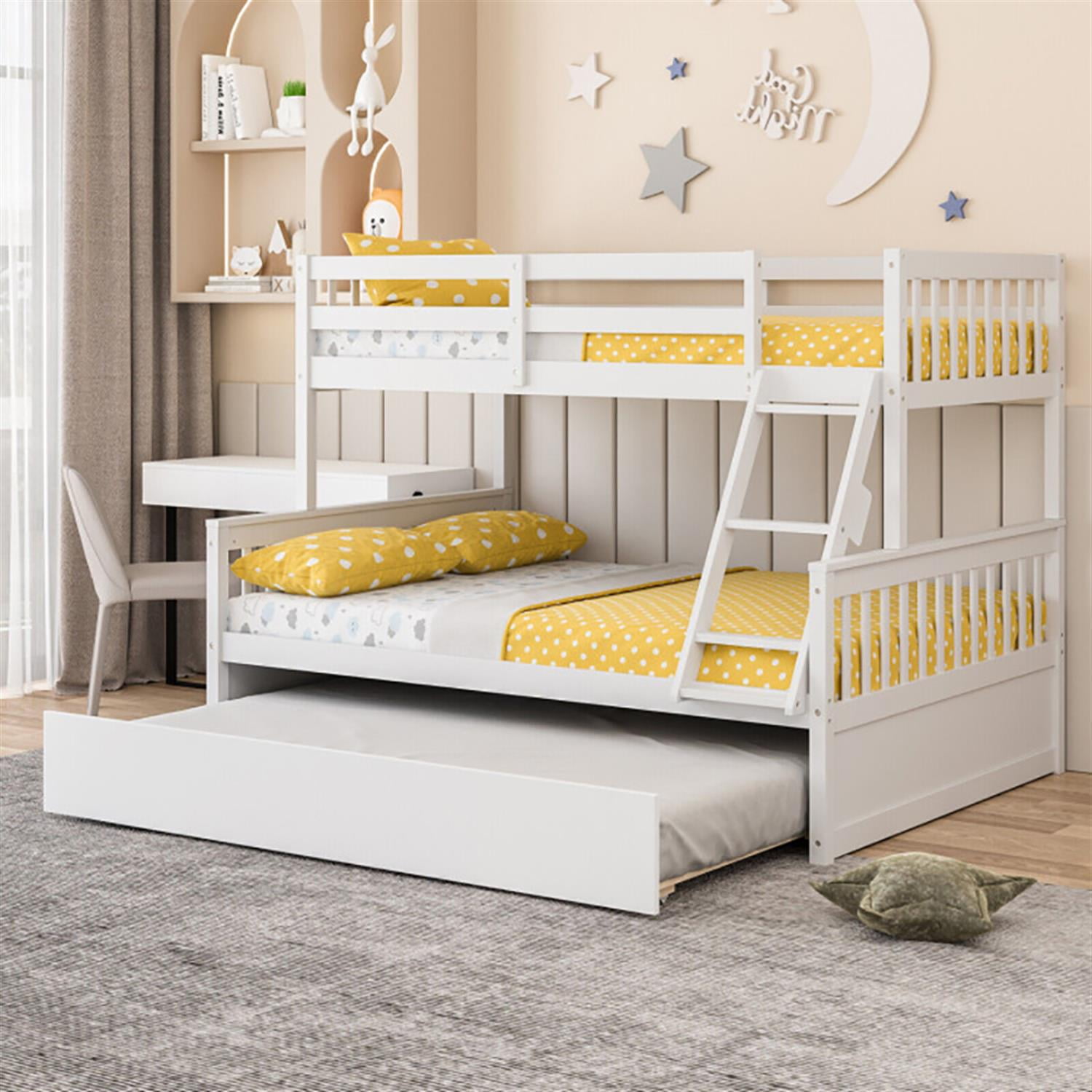 Demi Bonn Twin Pull-Out Bunk Beds with Ladder in the Steps and a Trundle, Full Convertible Bunk Bed Platform, White
