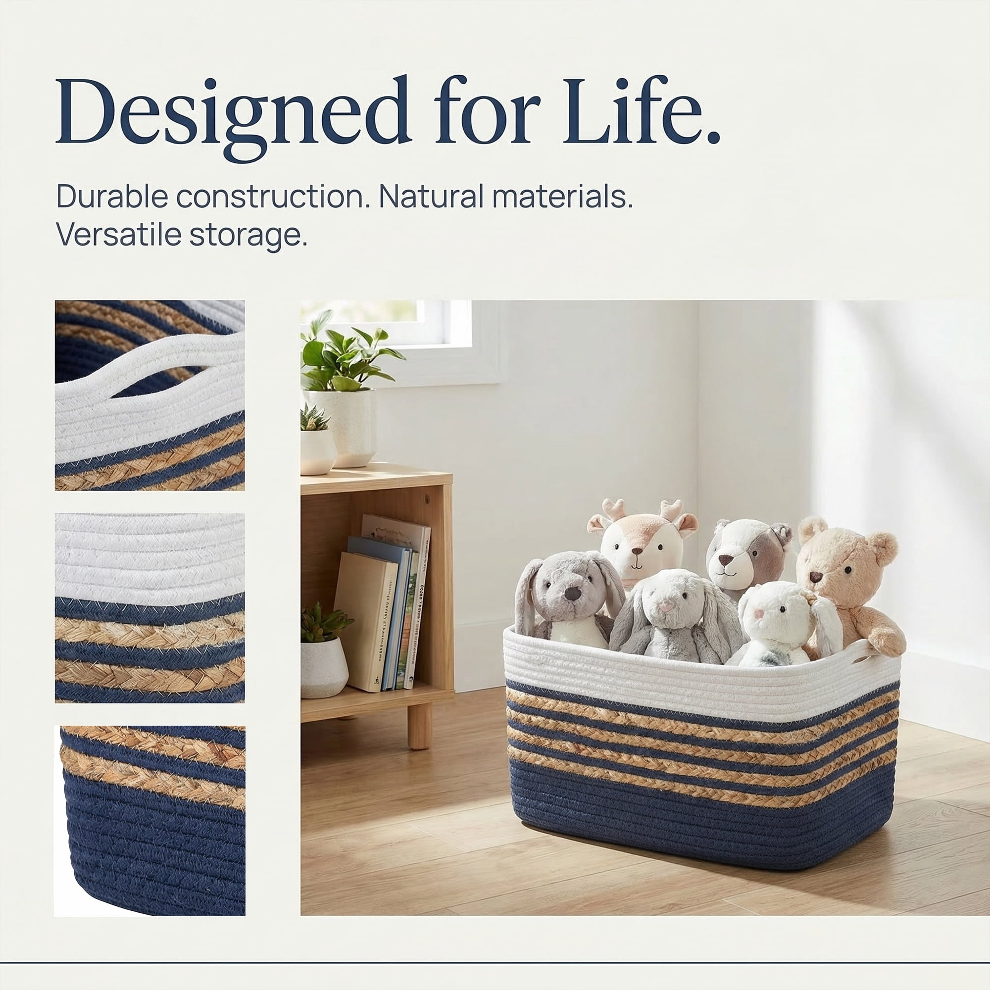 Unique Bargains Woven Storage Basket Storage Bin Blue White 18.9*11*9.1in