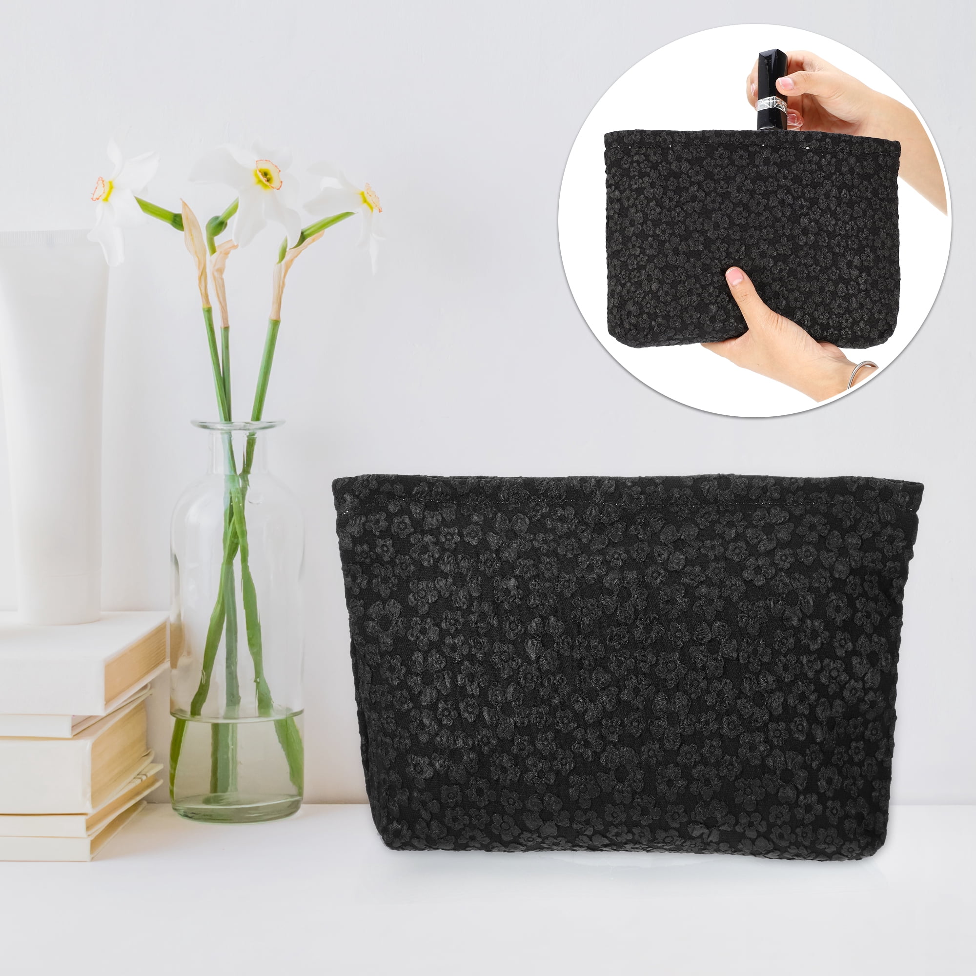 Unique Bargains Flower Cosmetic Bags Zipper Large Capacity Makeup Pouch Lipsticks Black