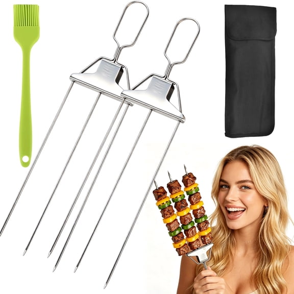 14.7" 3-Prong Stainless Steel Grill Skewers with Push Slider Bar, 2-Pack