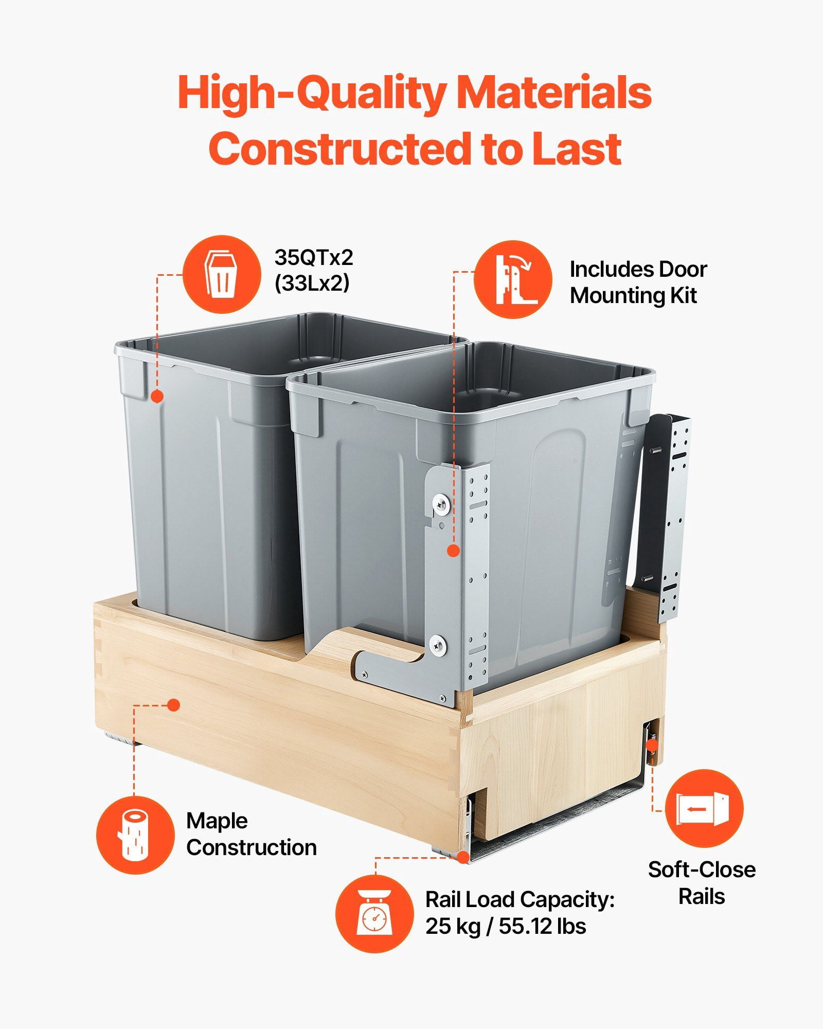 Double 35QT×2 Pull-Out Waste Container, Under Cabinet Dual Kitchen Trash Bin with Soft-Close Slides, 70QT Total Capacity Hidden Garbage Can with Door-Mount Kit, Heavy-Duty Frame, Easy Installation