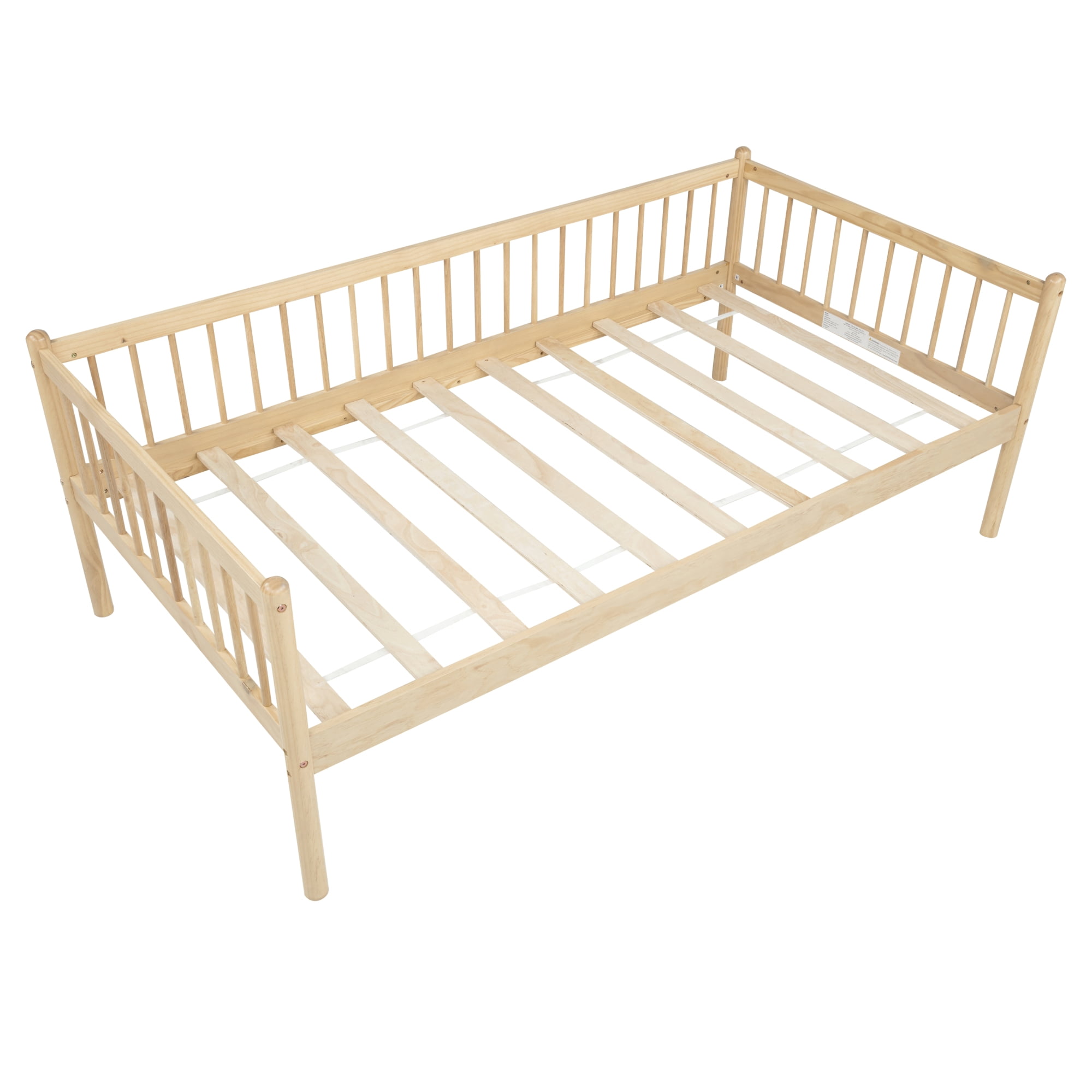 HOQBN Twin Size Pine Wood Daybed, Sofa Bed Frame with 3-Side Guardrails and 10 Support Slats for Bedroom, Natural