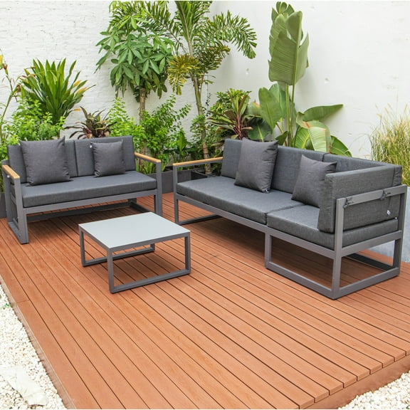 LeisureMod Chelsea Black Sectional Sofa with Adjustable Headrest and Coffee Table Set - Modern Deck or Garden Furniture