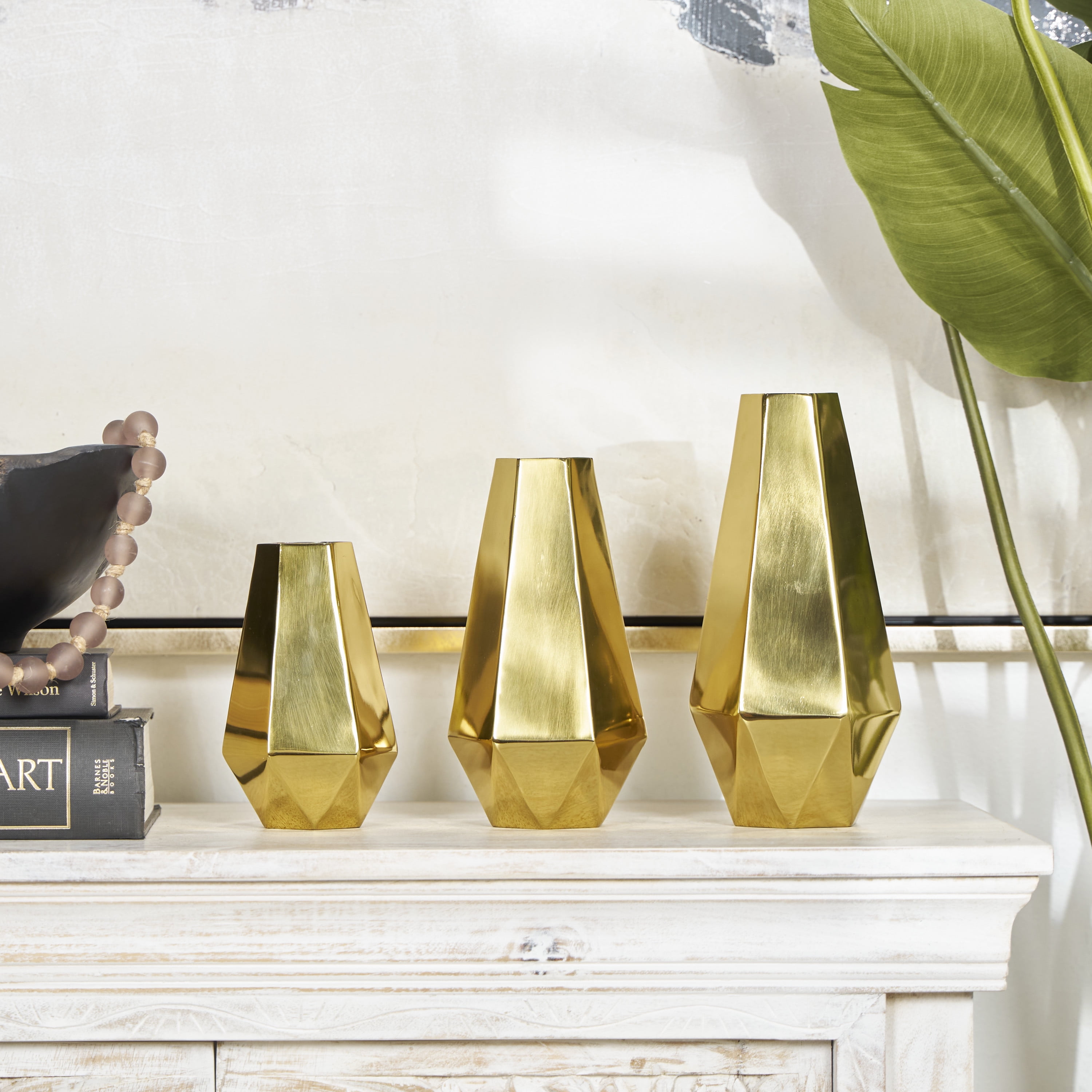 DecMode 10", 8", 6"H Geometric Hexagon Shaped Gold Stainless Steel Vase with Varying Heights, Set of 3