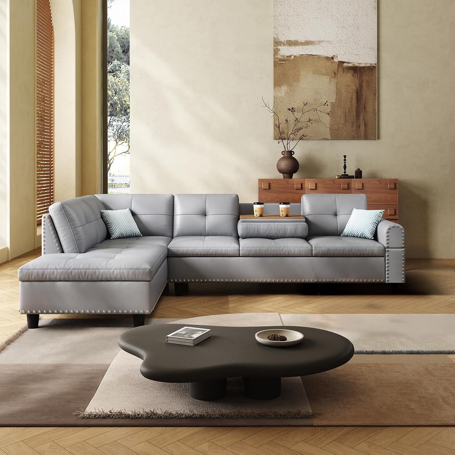 AENKYO 98" L-Shaped Upholstered Sectional Sofa Couch with Storage & Cup Holders, Faux Leather Living Room Sofa Set, Gray