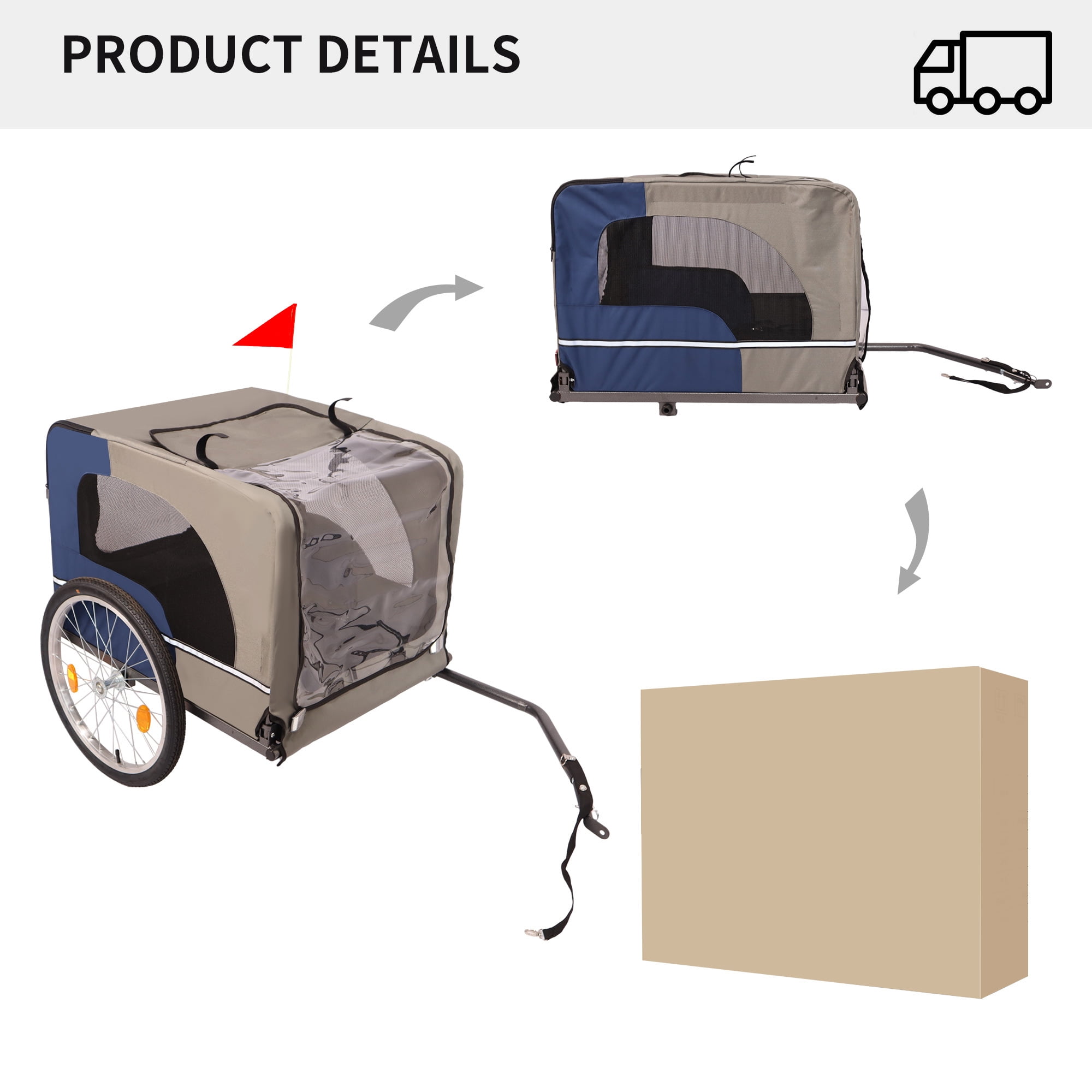Leumius Pet Bike Trailer Dog Cart for Bicycle, Easy Folding Cart Frame, Quick Release Wheel, Non-Slip Floor, Internal Leash for Small and Medium Pets Blue+Grey