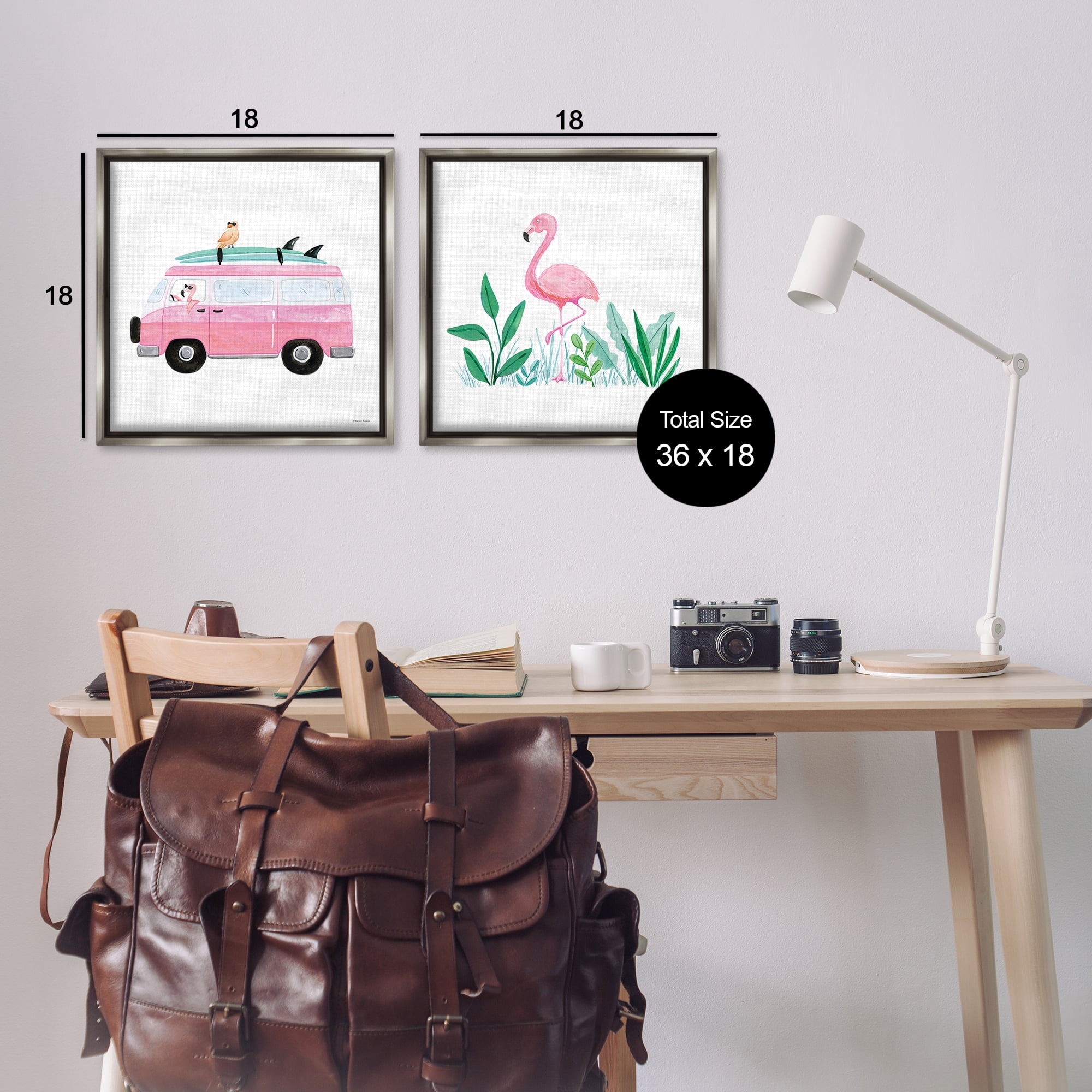 Stupell Industries Flamingos Tropical Vacation Transportation Painting Gray Floater Framed Canvas Art Print Wall Art, 18 x 18, Set of 2