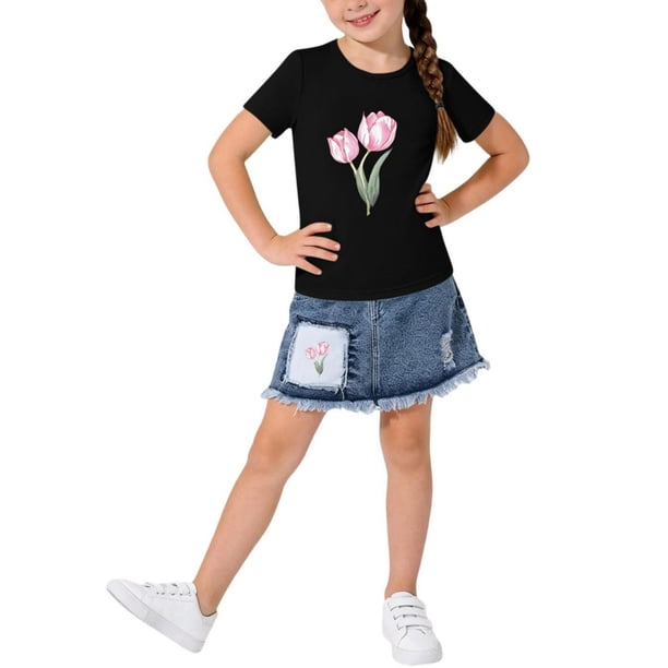 Conjuntos de blusas y camisas de cuello redondo y manga corta para niños, top con capucha de manga larga de color con faldas de cintura elástica, traje casual y cómodo, conjunto de poliéster para niño