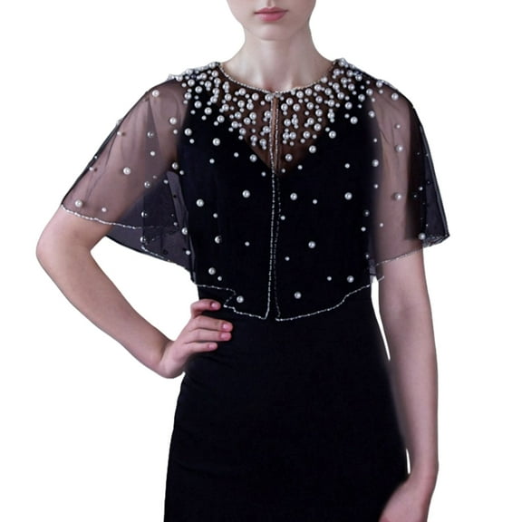 lanema Women Bridal Shawl Studded Pearls Multipurpose for Wedding Dress Dark Sheer