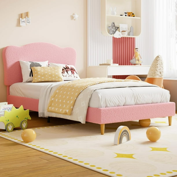 QinaQin Cama individual infantil con cabecera ondulada, tapizado de terciopelo y listones de madera resistentes, diseño de plataforma que no requiere box spring